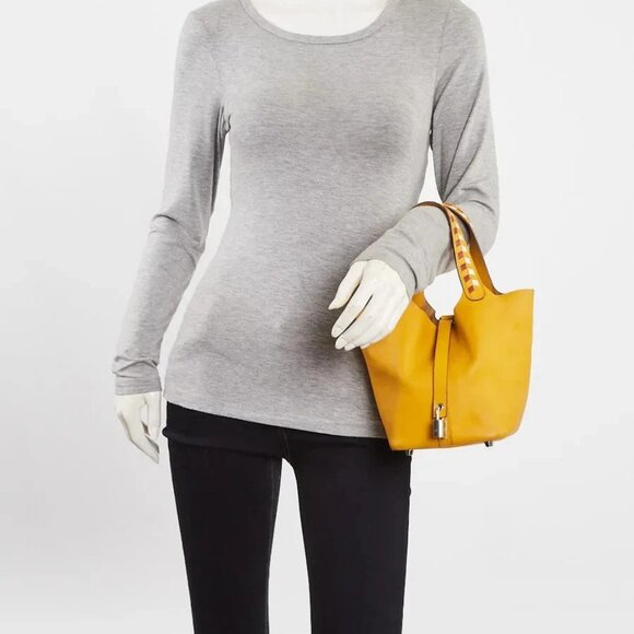 Hermes Jaune Ambre/Brique/White Epsom Leather Tressage De Cuir Picotin Bag - Picture 2 of 12